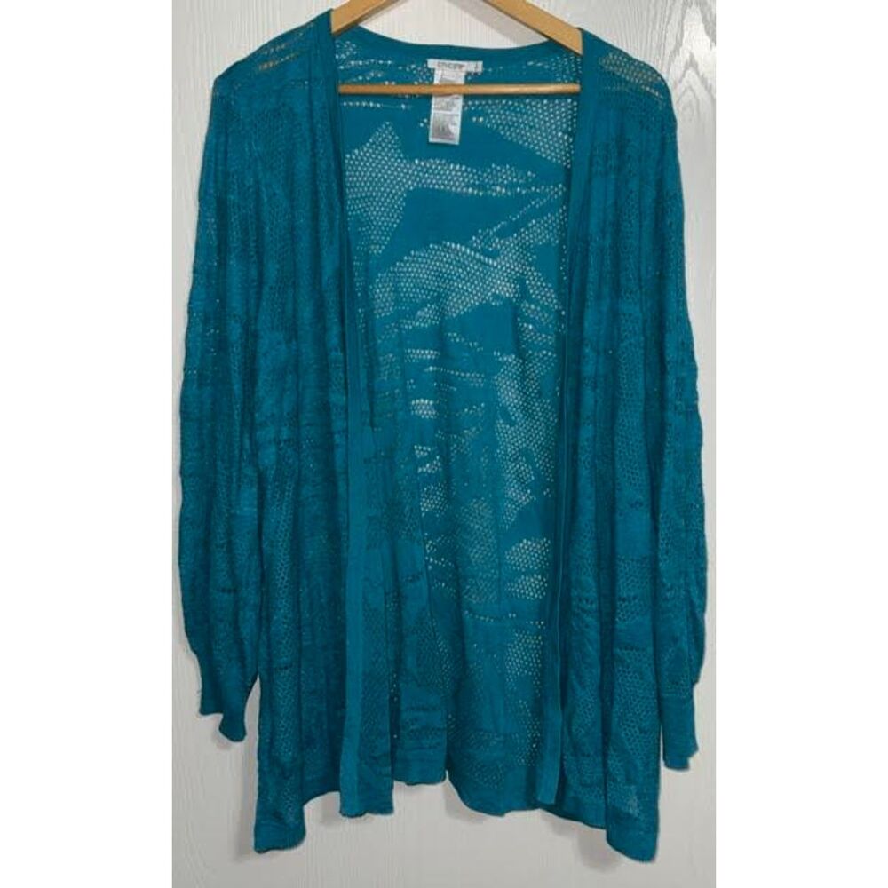 Chico's Teal Open Knit Cardigan Size 2 | Boho Coastal Romantic Layering Sweater